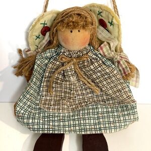 Vintage Primitive Style Folk Art Angel Doll Rustic Country Decor Button Wings